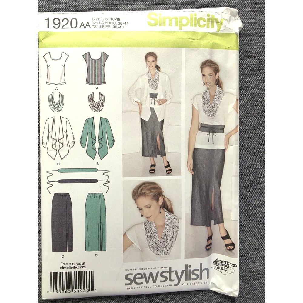 Simplicity #1920 Misses/Womens Skirt Top Jacket Scarf and Belt Size 10-18